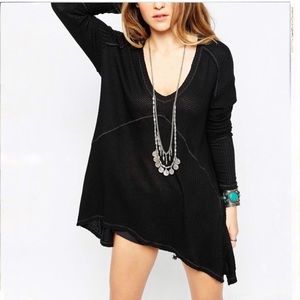 Free People Waffle Knit V-Neck Tunic Top Raw Hem Oversized Fit
